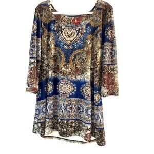 From The Heart Top/Tunic Womens Size L Blue Multicolored 3/4 Sleeves Lined Round